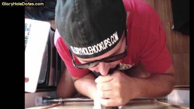 View the uncensored scene called Gloryhole mature gay loves sucking dick while stroking it